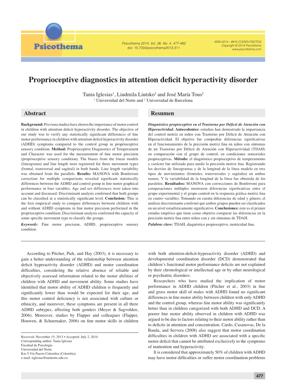 Proprioceptive Diagnostics in Attention Deficit Hyperactivity Disorder