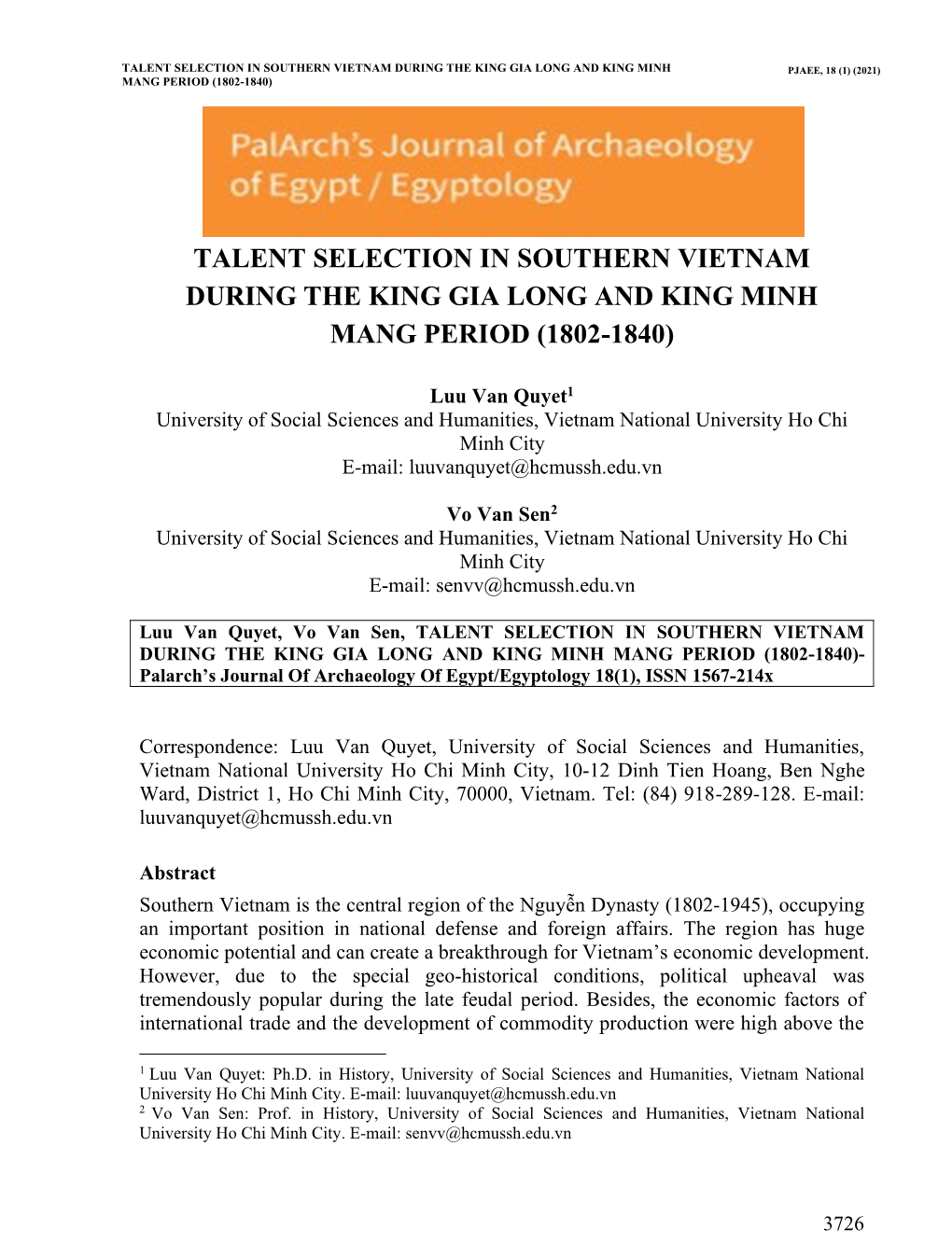 Talent Selection in Southern Vietnam During the King Gia Long and King Minh Pjaee, 18 (1) (2021) Mang Period (1802-1840)