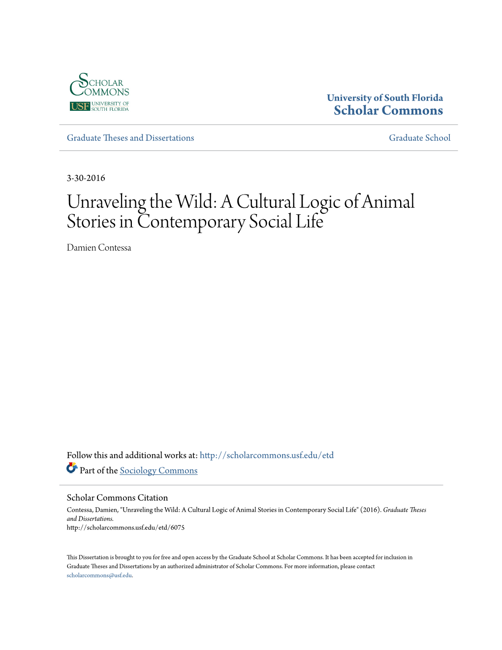 A Cultural Logic of Animal Stories in Contemporary Social Life Damien Contessa