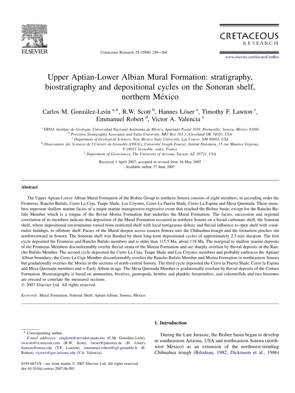 Upper Aptian-Lower Albian Mural Formation: Stratigraphy, Biostratigraphy and Depositional Cycles on the Sonoran Shelf, Northern Me´Xico