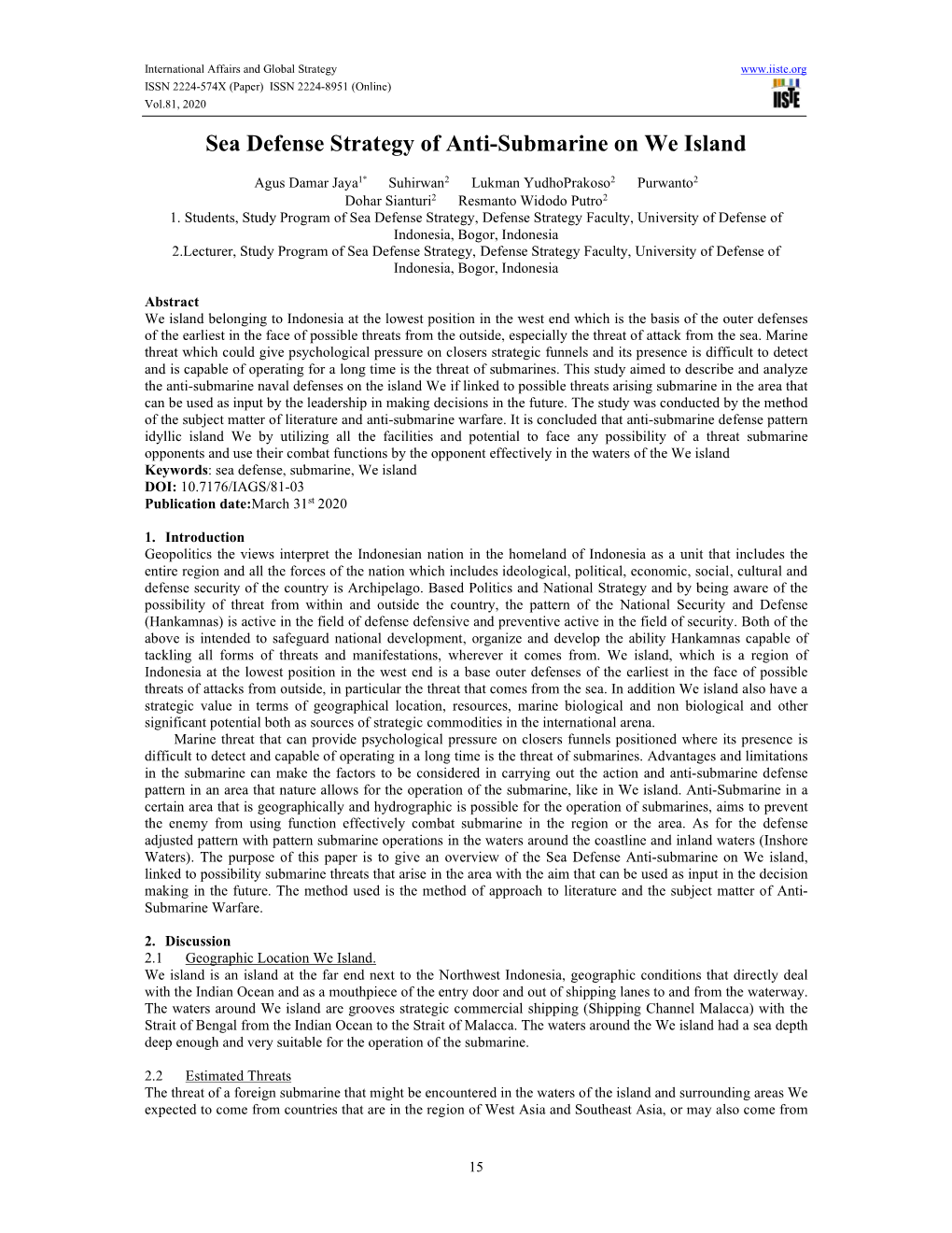 Sea Defense Strategy of Anti-Submarine on We Island