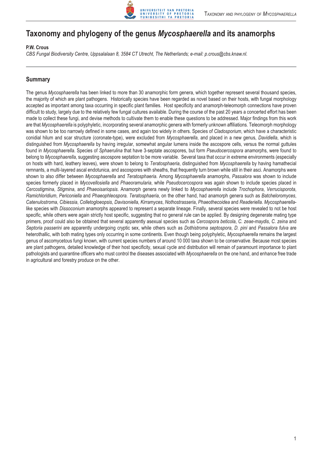 Taxonomy and Phylogeny of the Genus Mycosphaerella and Its Anamorphs