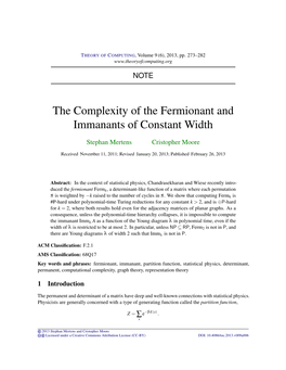 The Complexity of the Fermionant and Immanants of Constant Width
