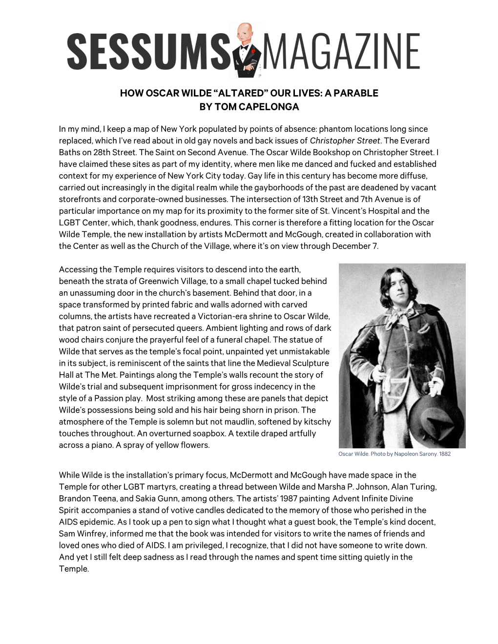How Oscar Wilde “Altared” Our Lives: a Parable by Tom Capelonga