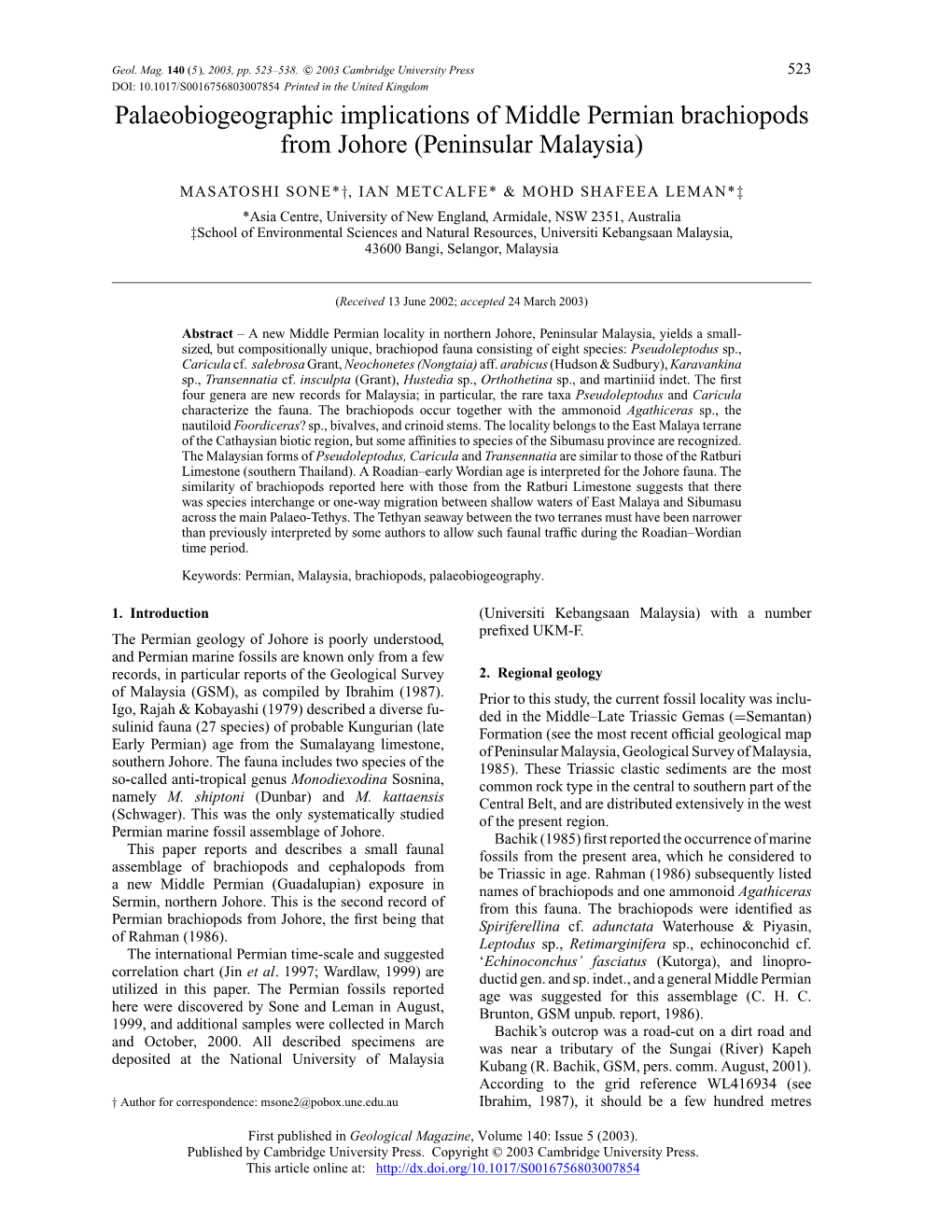 Palaeobiogeographic Implications of Middle Permian Brachiopods from Johore (Peninsular Malaysia)