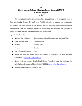 Government College Khaniyadhana, Shivpuri (M.P.) Annual- Report 2016-17 This Format Outlines the Annual Reports to Be Published by All Colleges in M.P