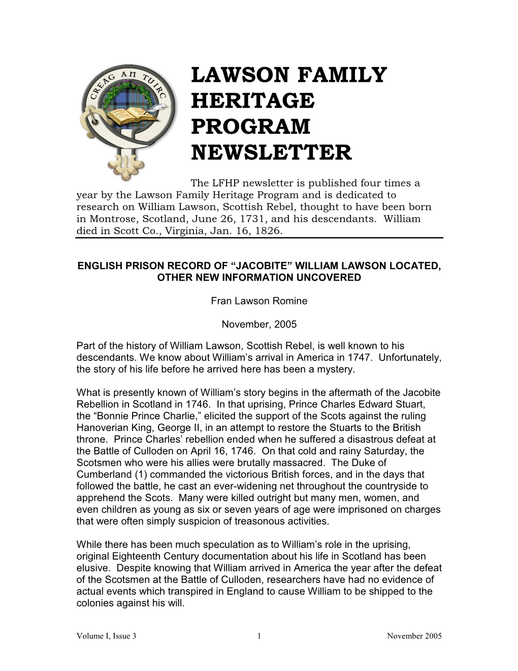 Lawson Family Heritage Program Newsletter