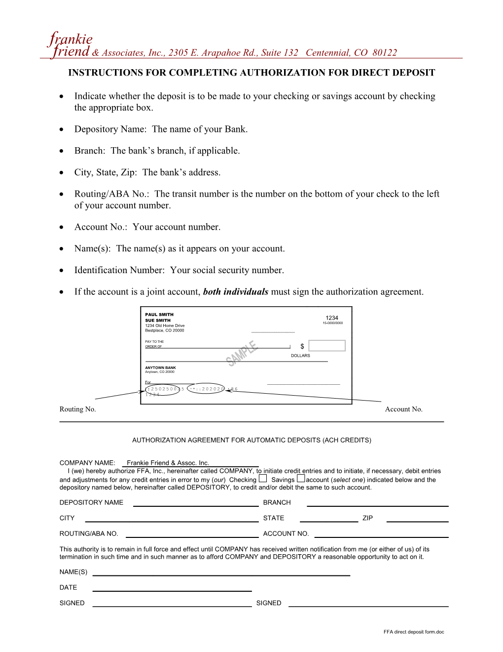 Instructions for Completing Authorization for Direct Deposit