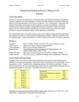 Thermal and Statistical Physics I (Physics 533) Syllabus