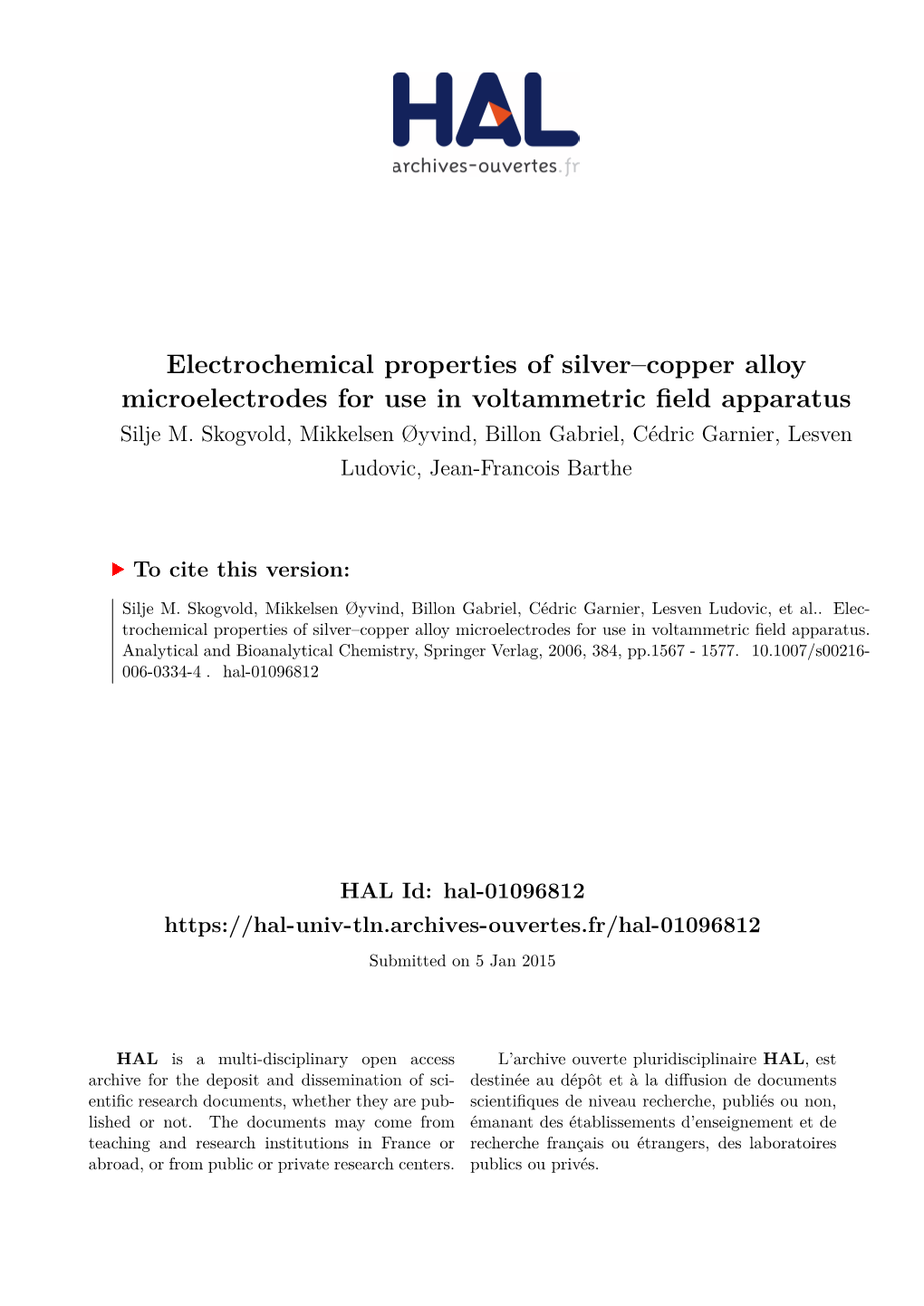 Electrochemical Properties of Silver–Copper Alloy Microelectrodes for Use in Voltammetric Field Apparatus Silje M