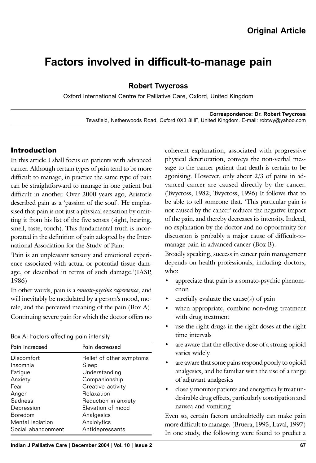 Factors Involved in Difficult-To-Manage Pain