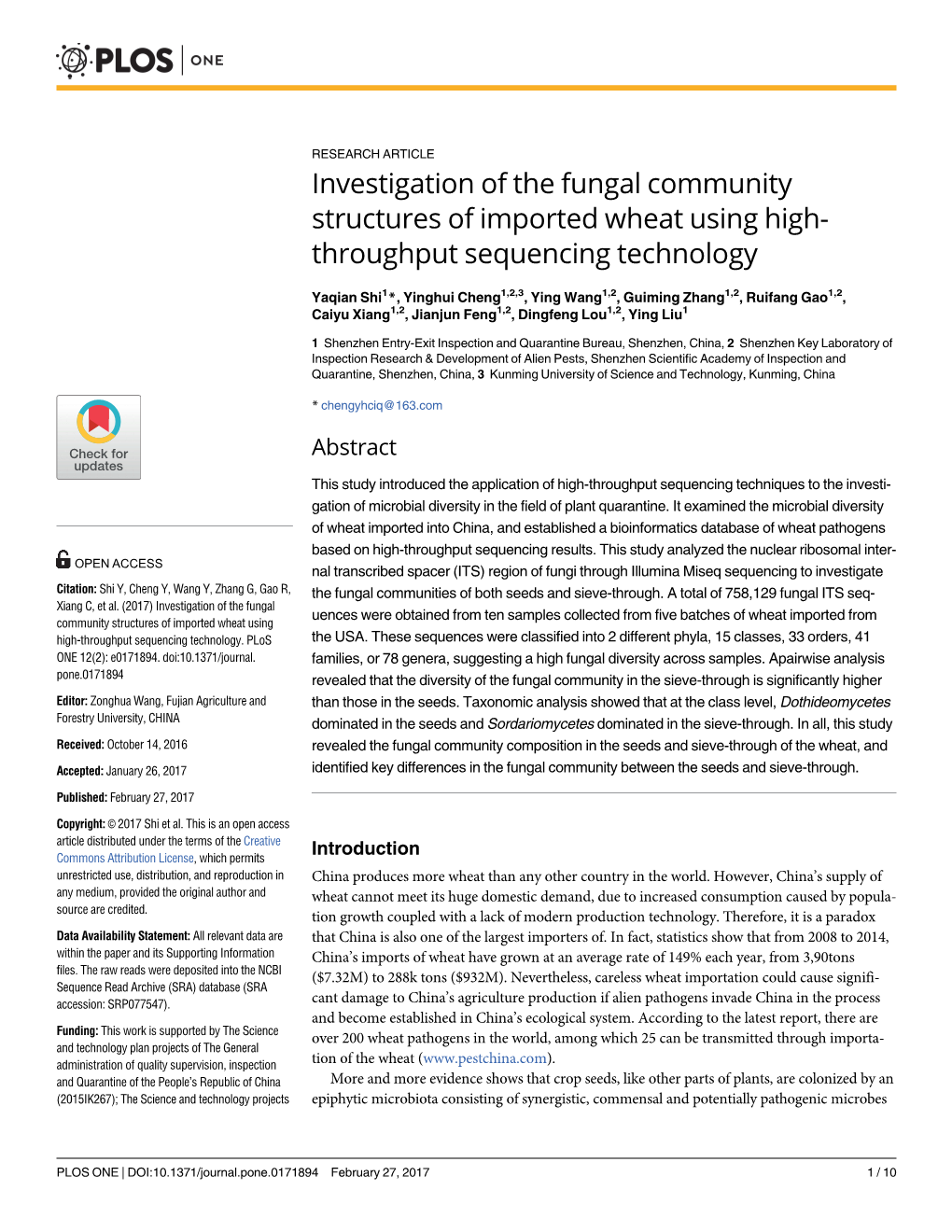 Investigation of the Fungal Community Structures of Imported Wheat Using High- Throughput Sequencing Technology