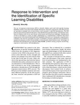 Response to Intervention and the Identification of Specific Learning