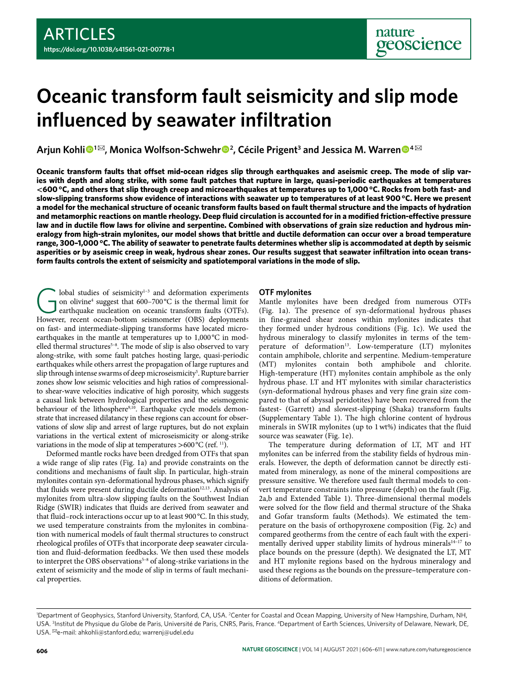 Oceanic Transform Fault Seismicity and Slip Mode Influenced by Seawater Infiltration