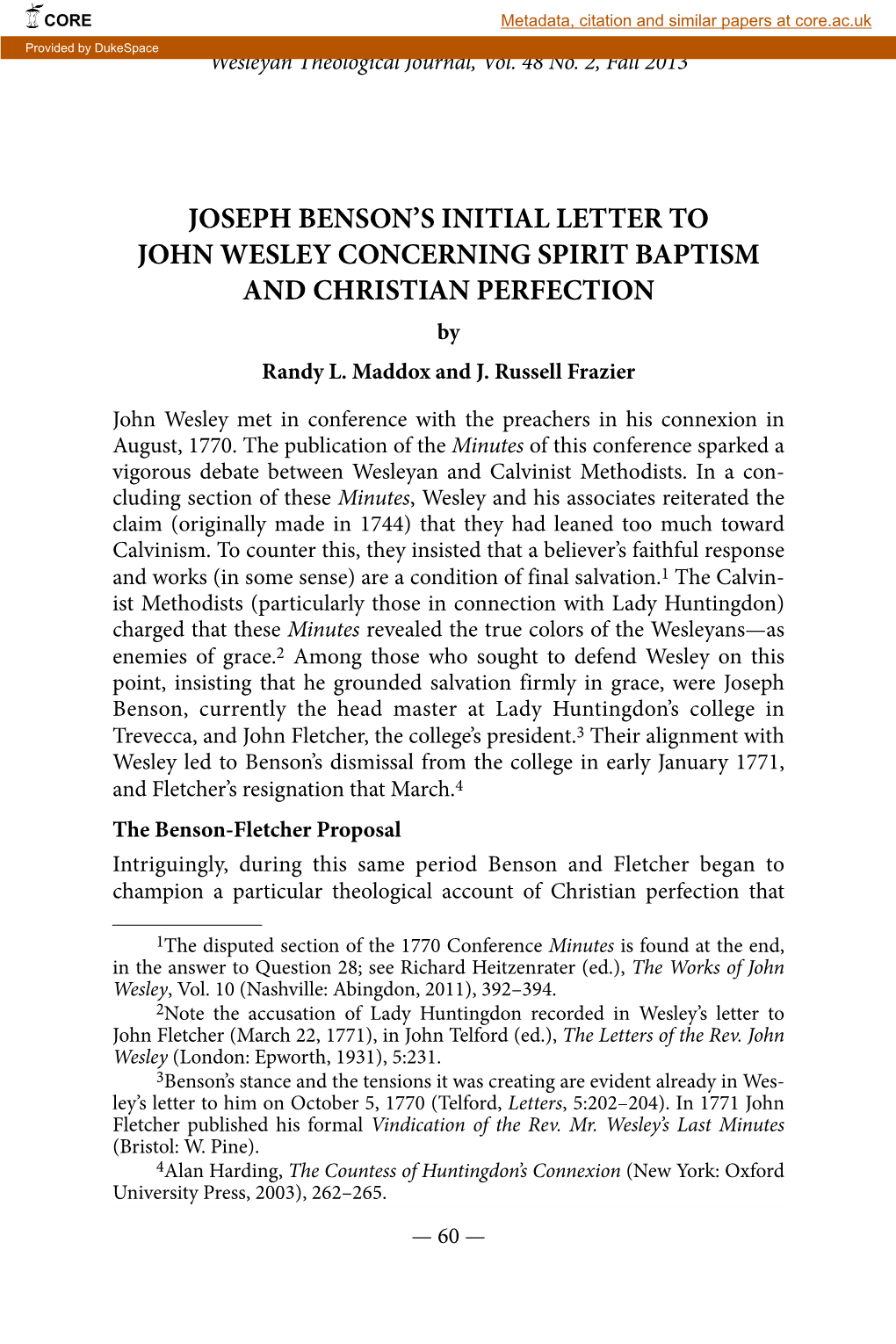 Joseph Benson's Initial Letter to John Wesley Concerning Spirit Baptism and Christian Perfection