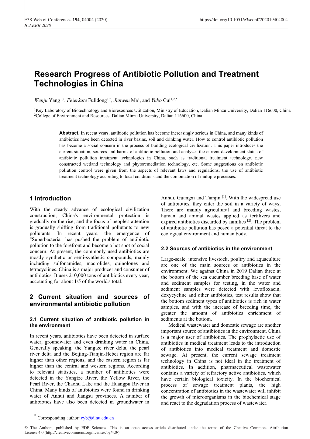 Research Progress of Antibiotic Pollution and Treatment Technologies in China