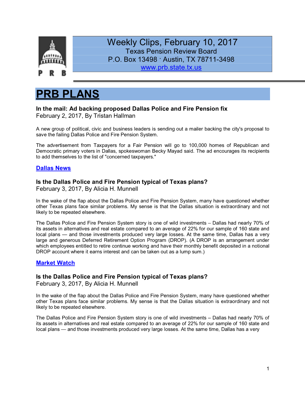 PRB PLANS in the Mail: Ad Backing Proposed Dallas Police and Fire Pension Fix February 2, 2017, by Tristan Hallman