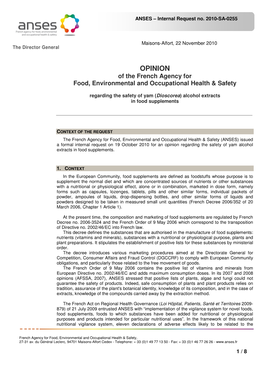 OPINION of the French Agency for Food, Environmental and Occupational Health & Safety