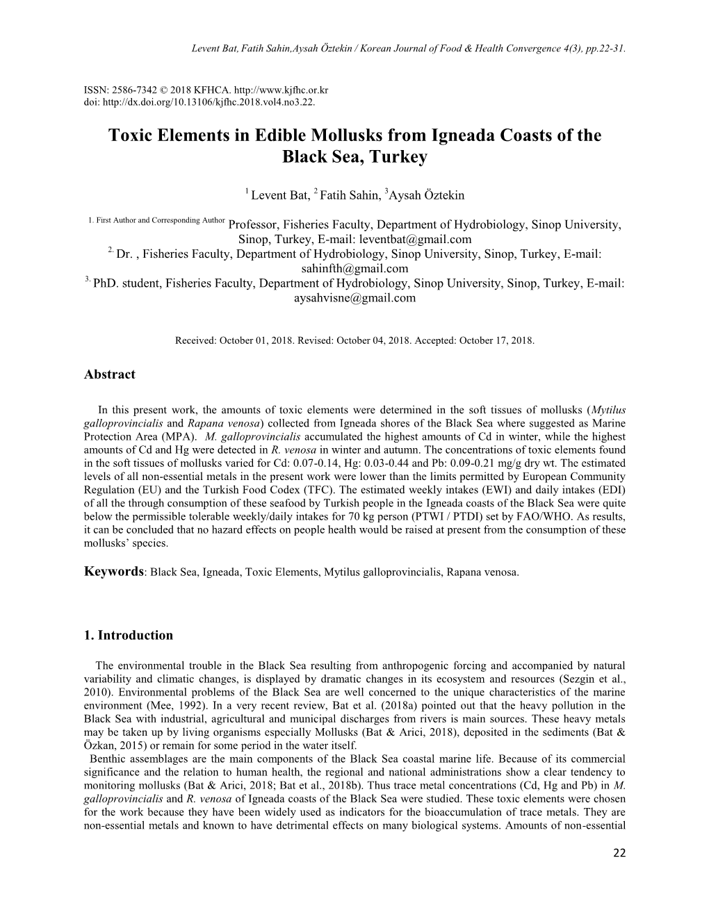 Toxic Elements in Edible Mollusks from Igneada Coasts of the Black Sea, Turkey