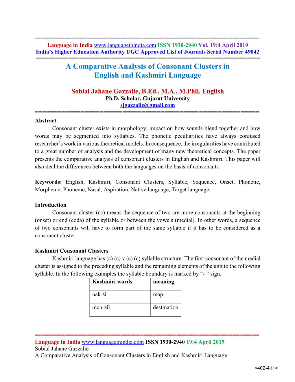 A Comparative Analysis of Consonant Clusters in English and Kashmiri Language