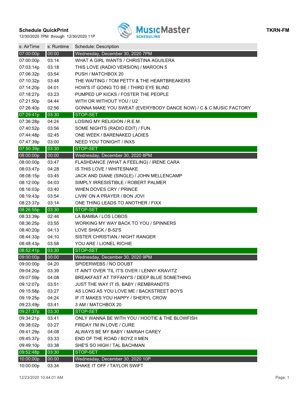 Schedule Quickprint TKRN-FM