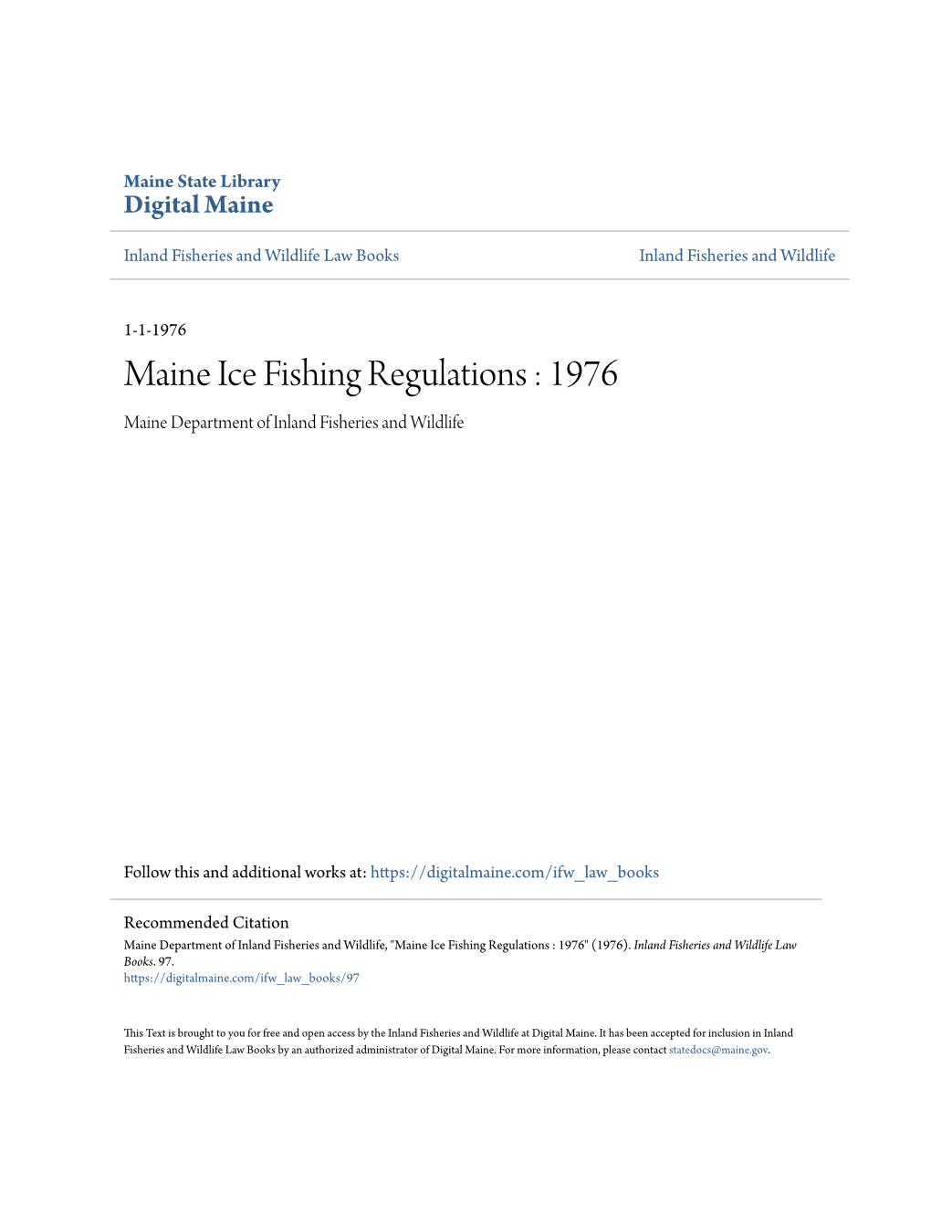 Maine Ice Fishing Regulations : 1976 Maine Department of Inland Fisheries and Wildlife