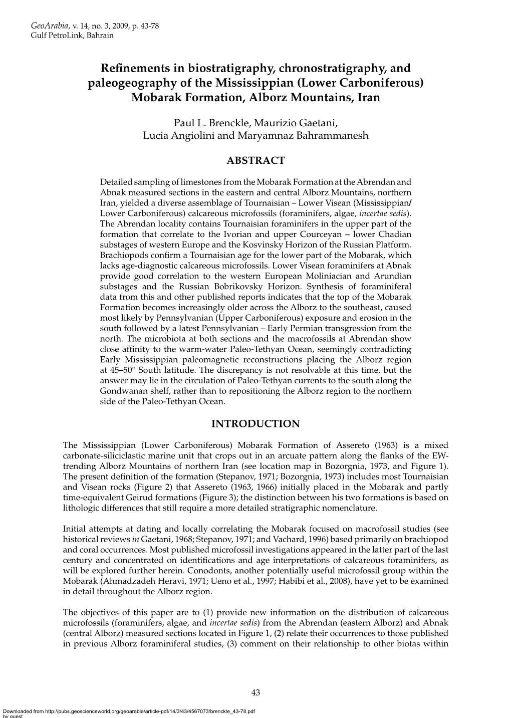 Refinements in Biostratigraphy, Chronostratigraphy, and Paleogeography of the Mississippian (Lower Carboniferous) Mobarak Formation, Alborz Mountains, Iran