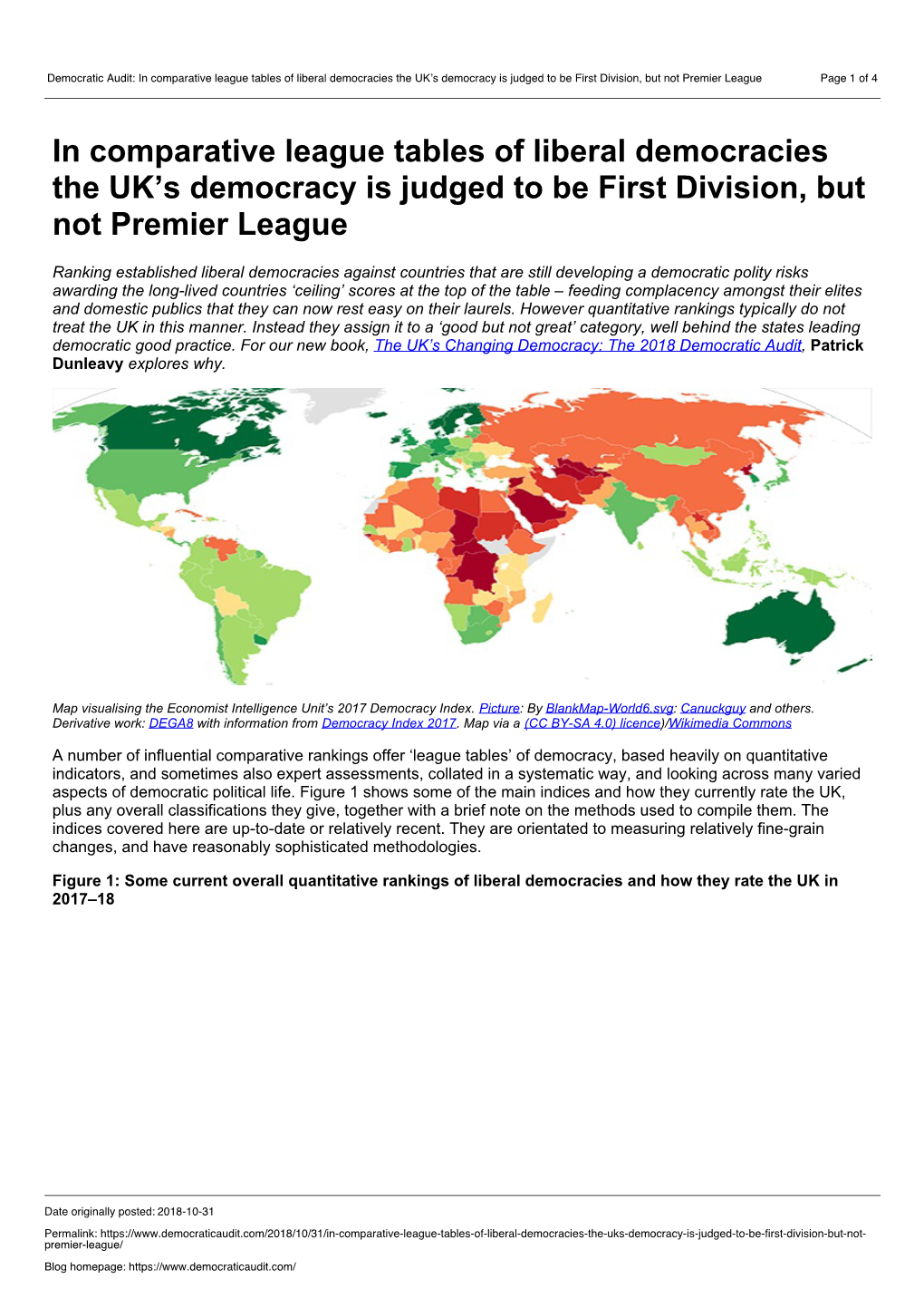 Democratic Audit: in Comparative League Tables of Liberal Democracies the UK’S Democracy Is Judged to Be First Division, but Not Premier League Page 1 of 4