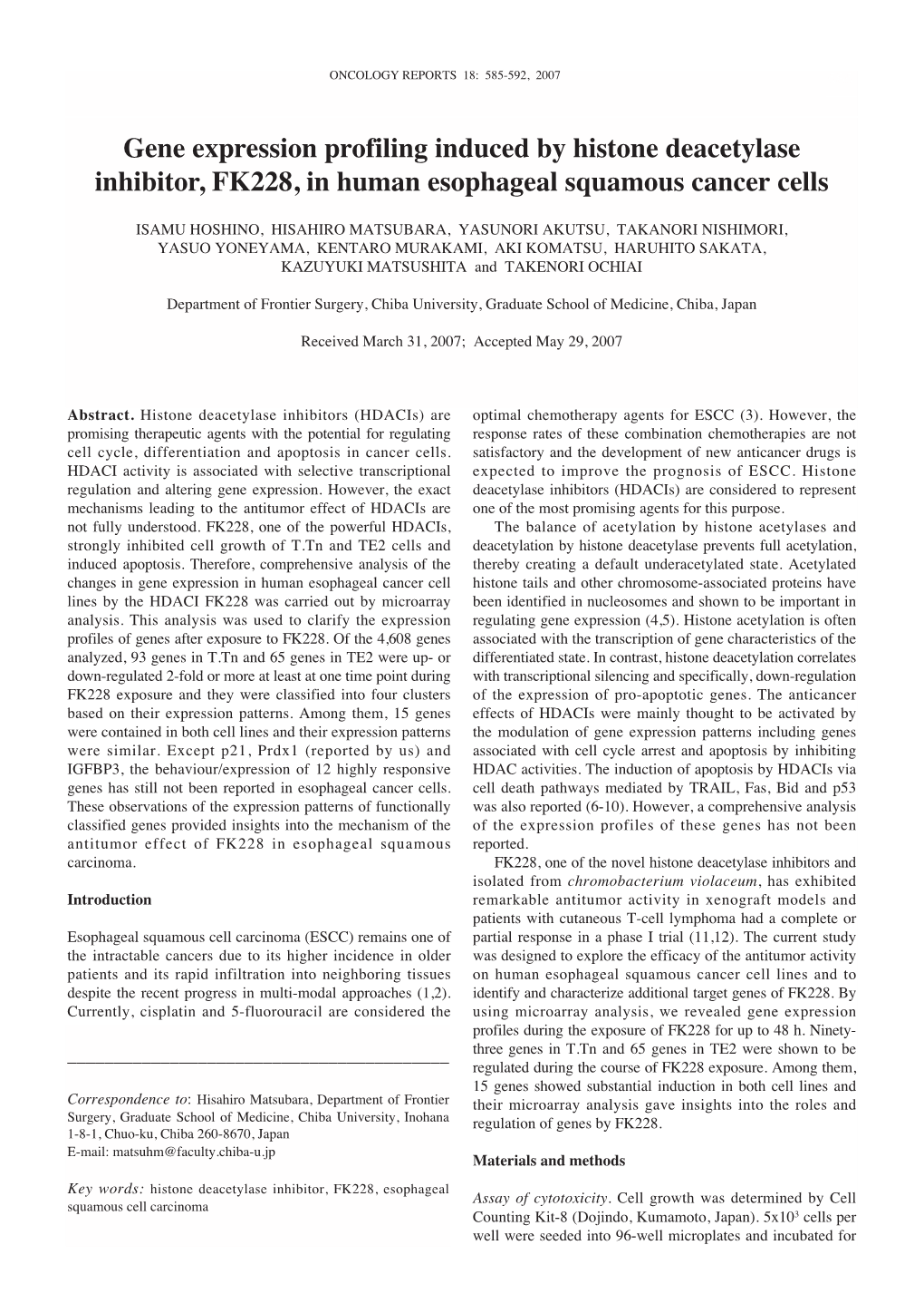 Gene Expression Profiling Induced by Histone Deacetylase Inhibitor, FK228, in Human Esophageal Squamous Cancer Cells