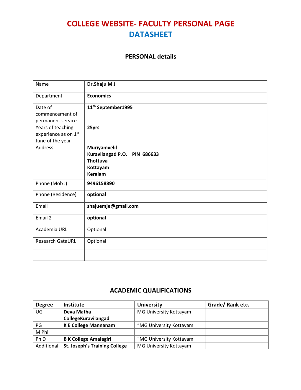 College Website- Faculty Personal Page Datasheet