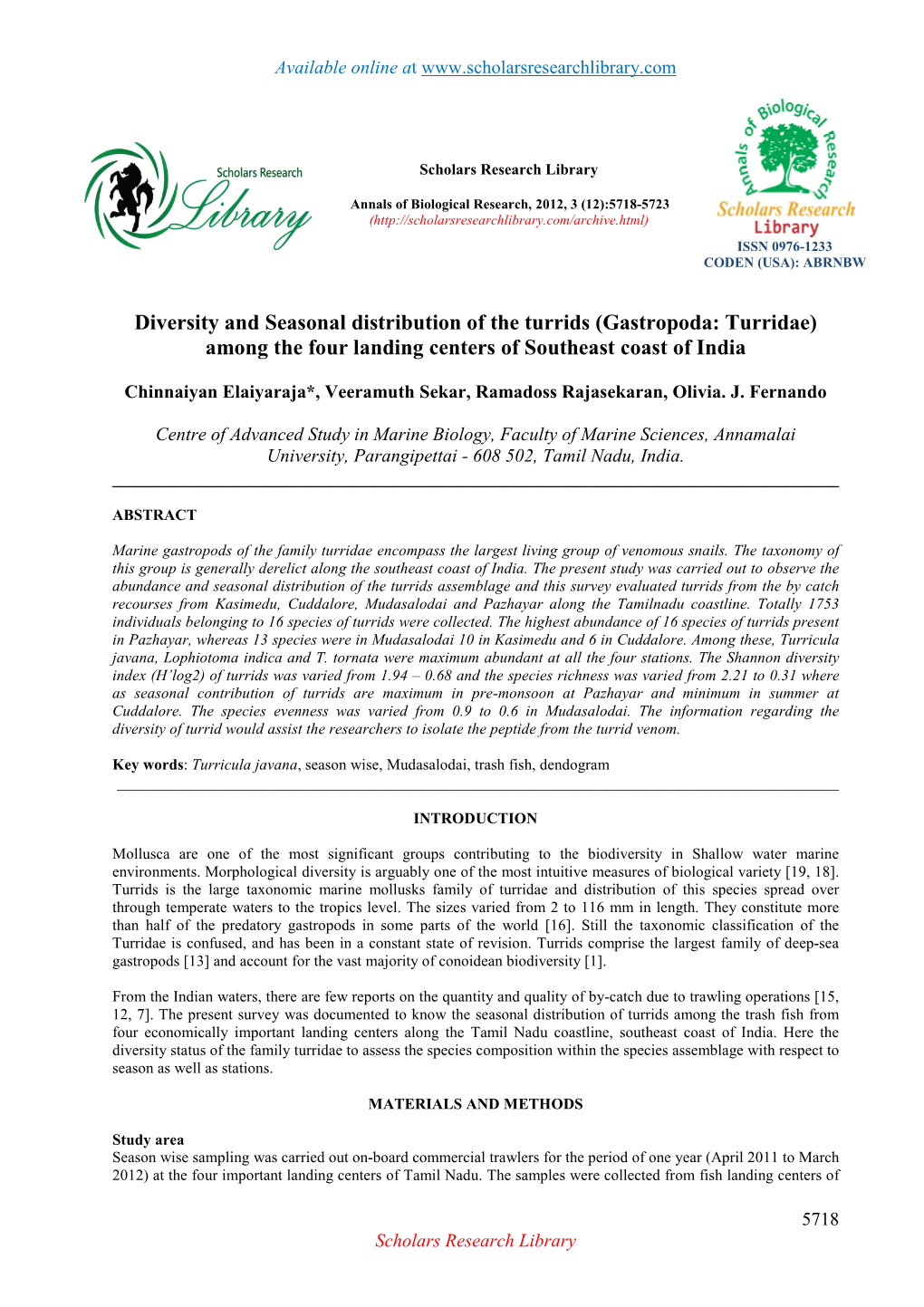 Diversity and Seasonal Distribution of the Turrids (Gastropoda: Turridae) Among the Four Landing Centers of Southeast Coast of India