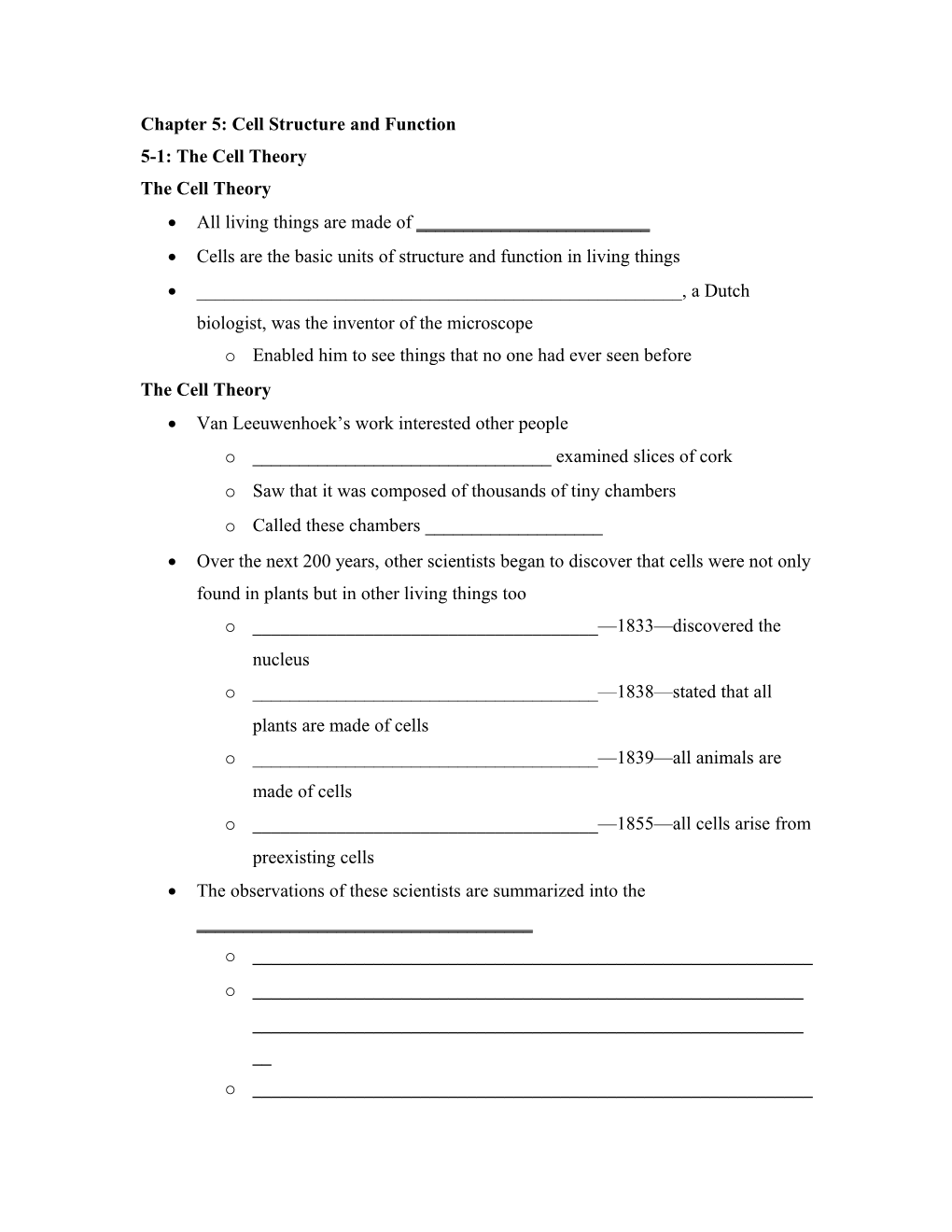 Chapter 5: Cell Structure and Function