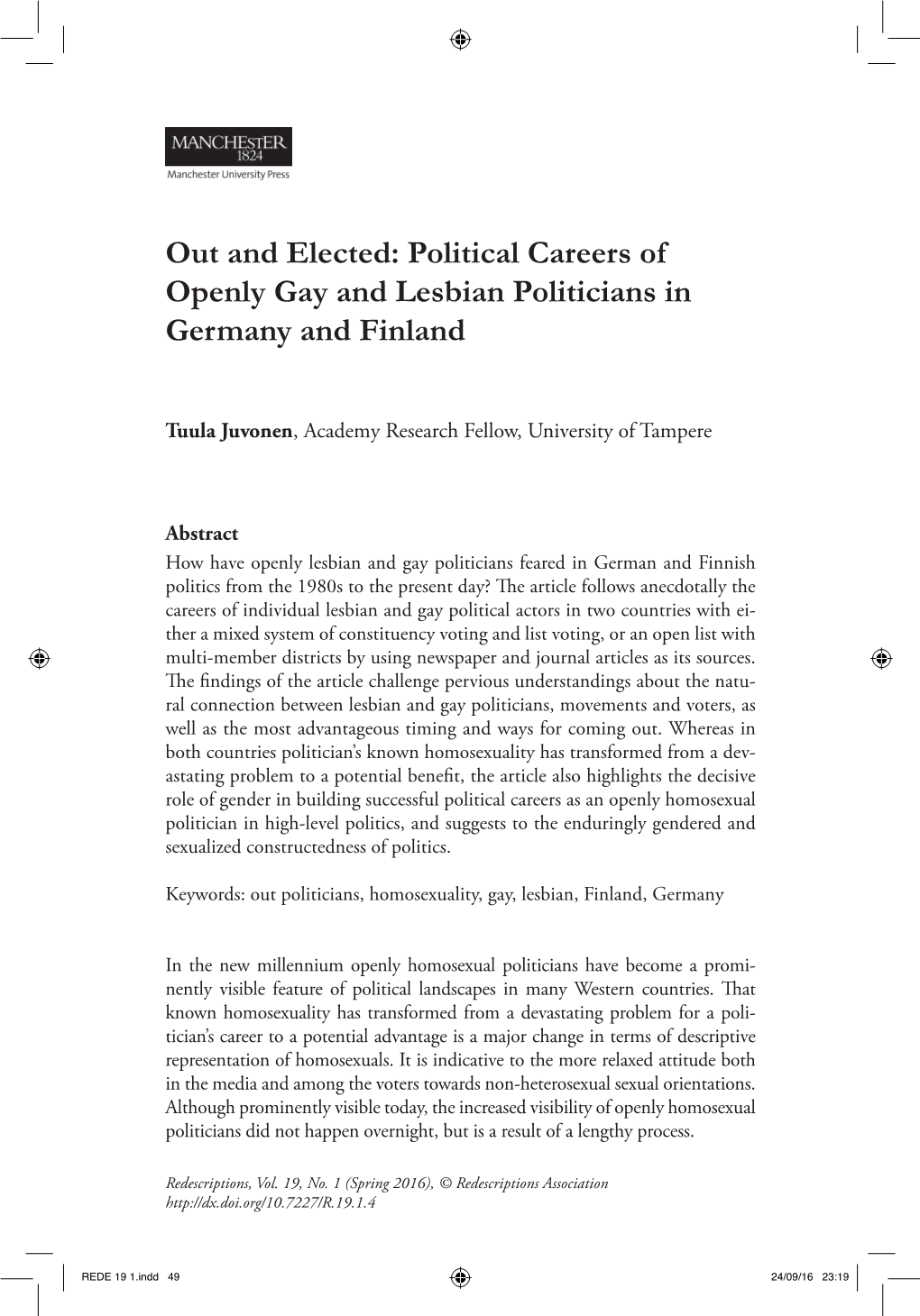 Political Careers of Openly Gay and Lesbian Politicians in Germany and Finland
