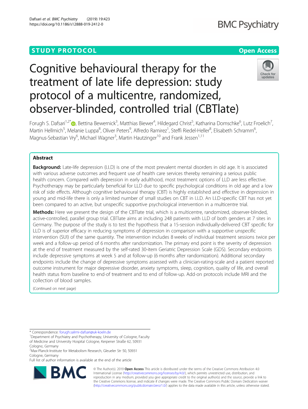 Cognitive Behavioural Therapy for the Treatment of Late Life Depression