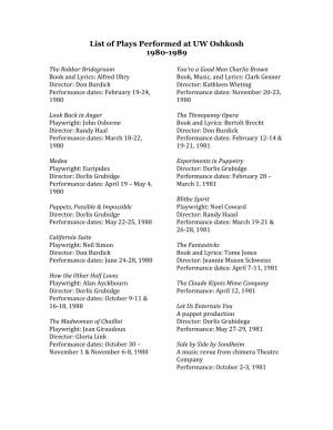 List of Plays Performed at UW Oshkosh 1980-1989