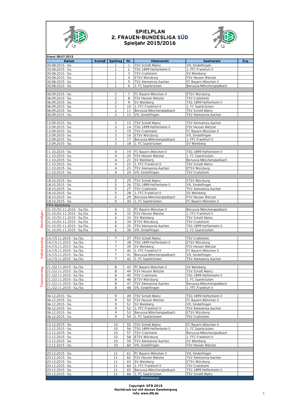 Vorläufiger Spielplan 2. FBL Süd 2015-2016