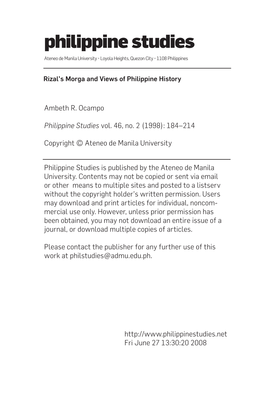 Rizal's Morga and Views of Philippine History