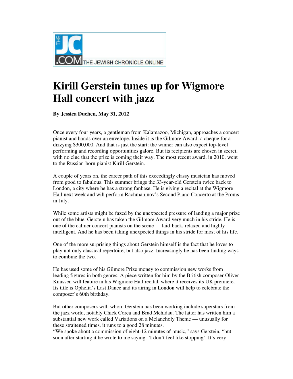 Kirill Gerstein Tunes up for Wigmore Hall Concert with Jazz