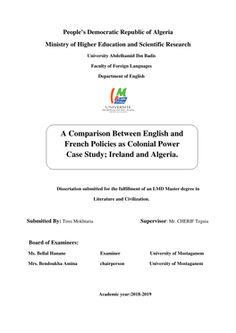 A Comparison Between English and French Policies As Colonial Power Case Study; Ireland and Algeria