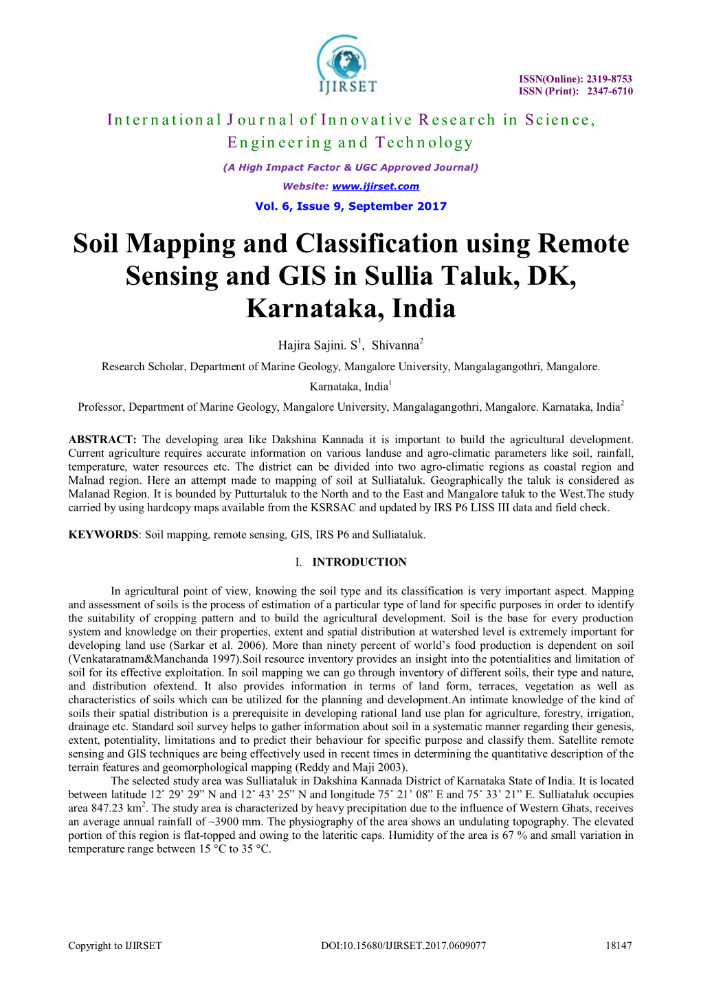Soil Mapping and Classification Using Remote Sensing and GIS in Sullia Taluk, DK, Karnataka, India