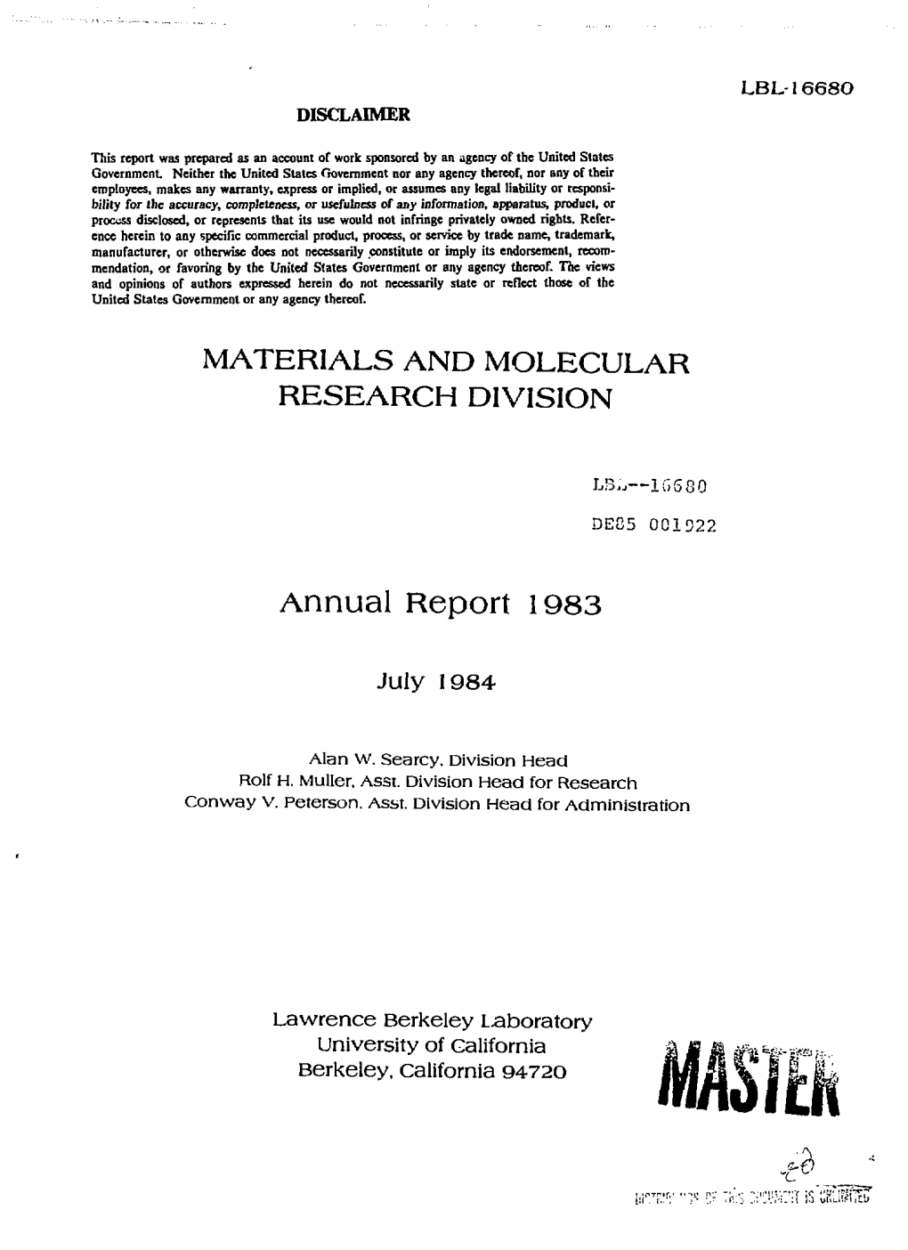 MATERIALS and MOLECULAR RESEARCH DIVISION Annual