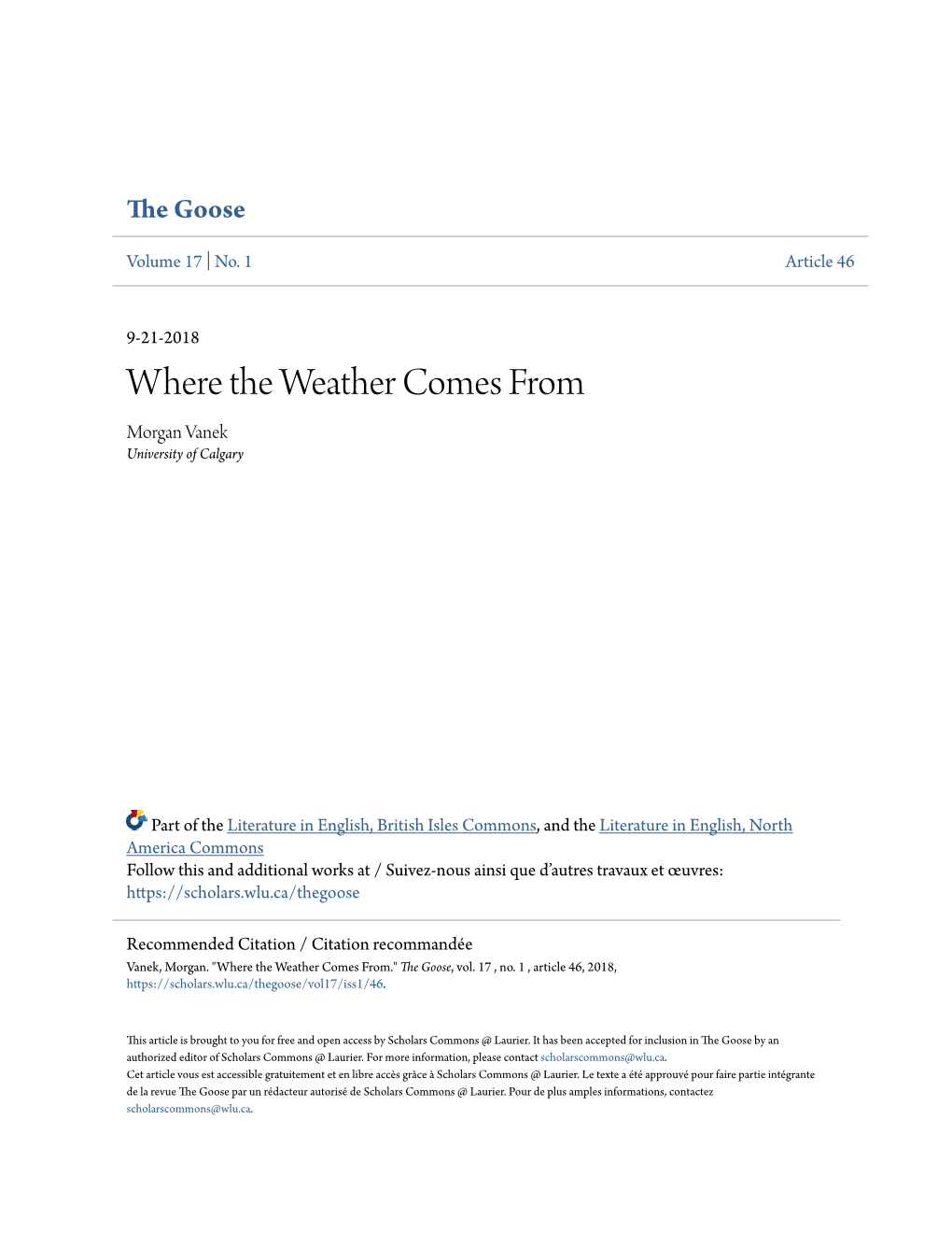 Where the Weather Comes from Morgan Vanek University of Calgary