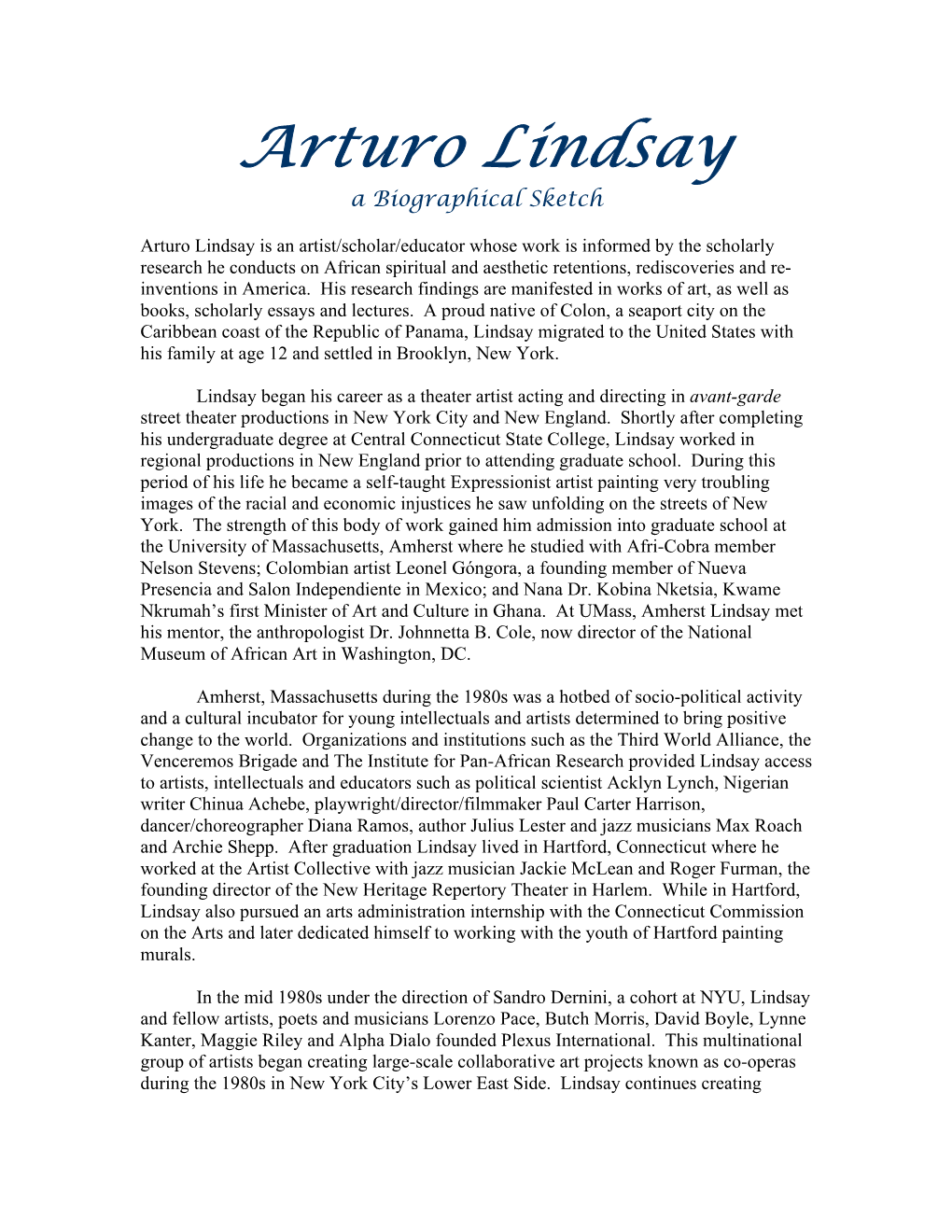 Arturo Lindsay a Biographical Sketch