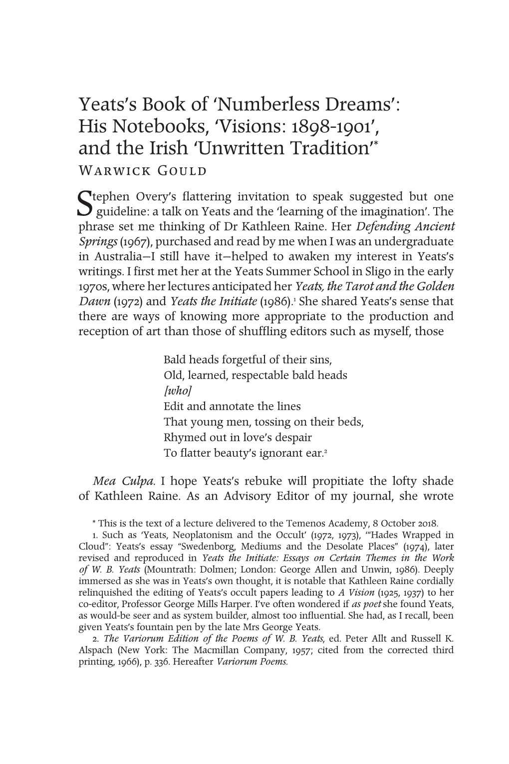 Yeats's Book of 'Numberless Dreams': His Notebooks