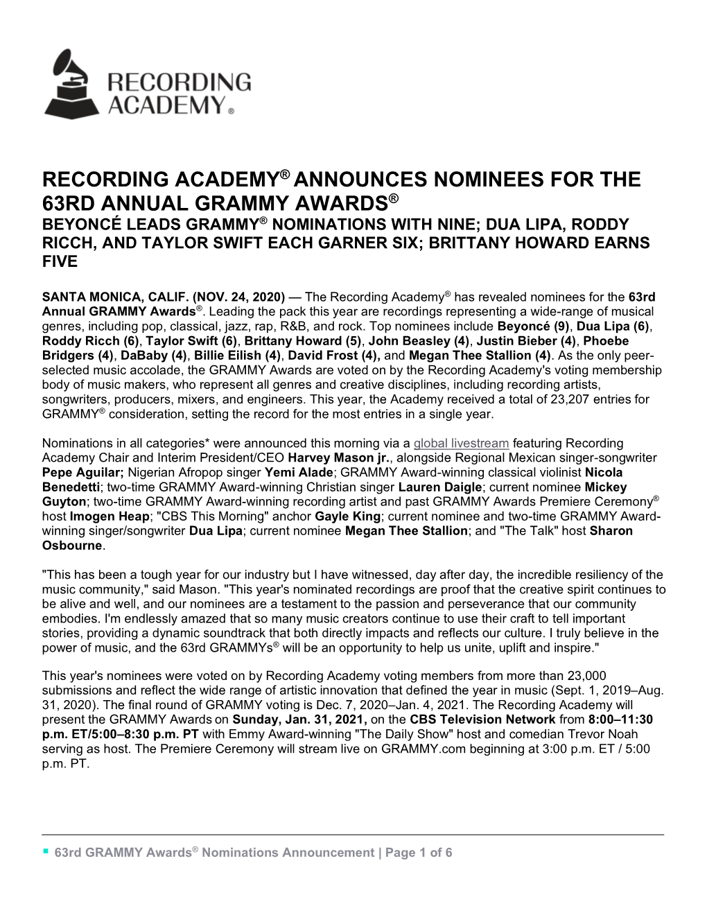 Recording Academy® Announces