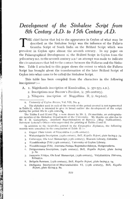 Development of the Sinhalese Script from 8Th Century A.D. to 15Th Century A.D~