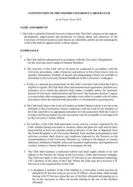 CONSTITUTION of the OXFORD UNIVERSITY LABOUR CLUB As Of