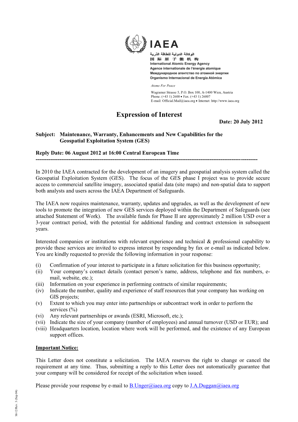 Expression of Interest Date: 20 July 2012