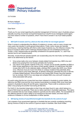 Correspondence to Norm Halliwell on Australia S Carp Biocontrol Program
