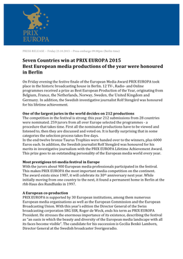 Seven Countries Win at PRIX EUROPA 2015 Best European Media Productions of the Year Were Honoured in Berlin